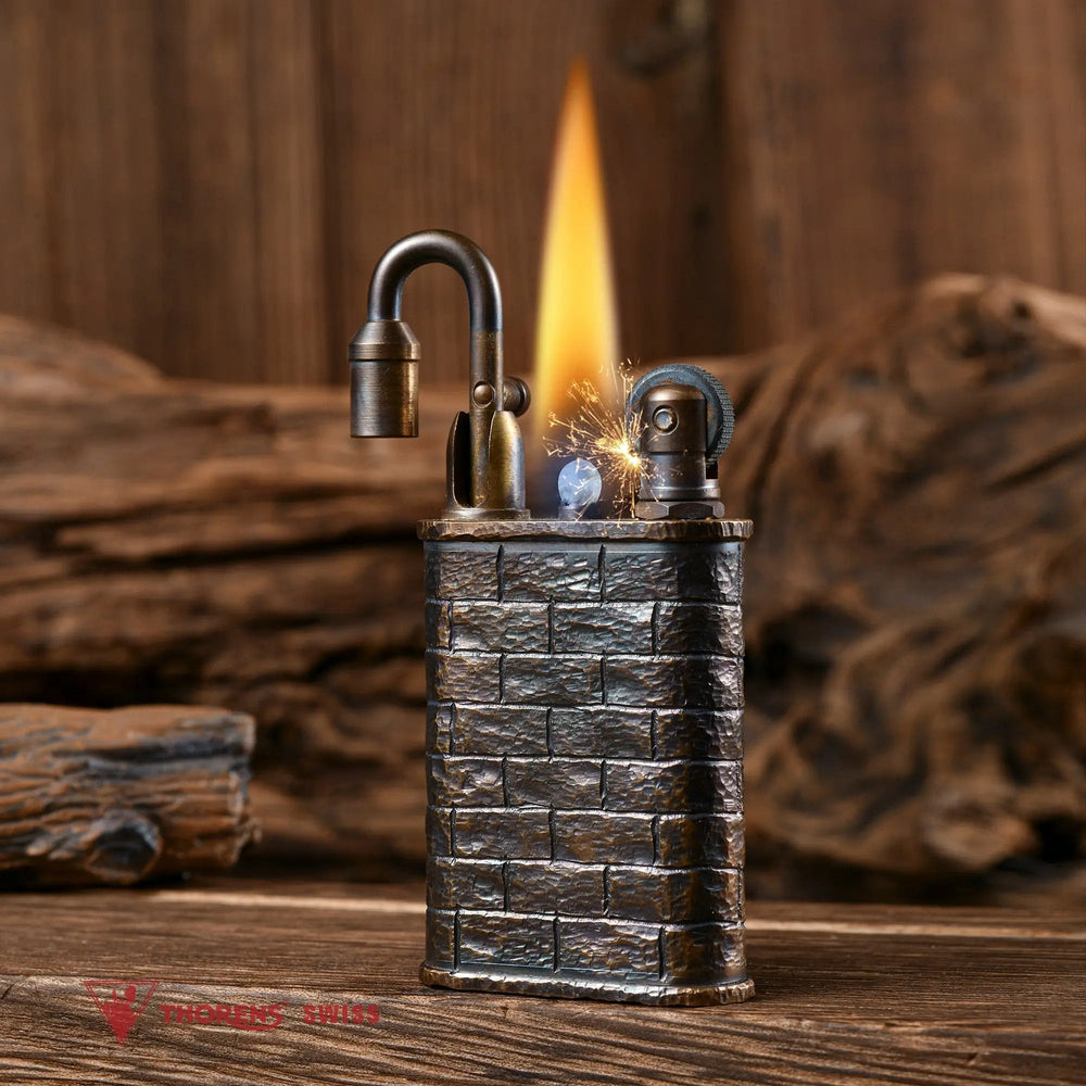 A Thorens Lockflame lighter with a hand-carved brick wall texture, captured at the moment of ignition with a bright flame and mechanical sparks.