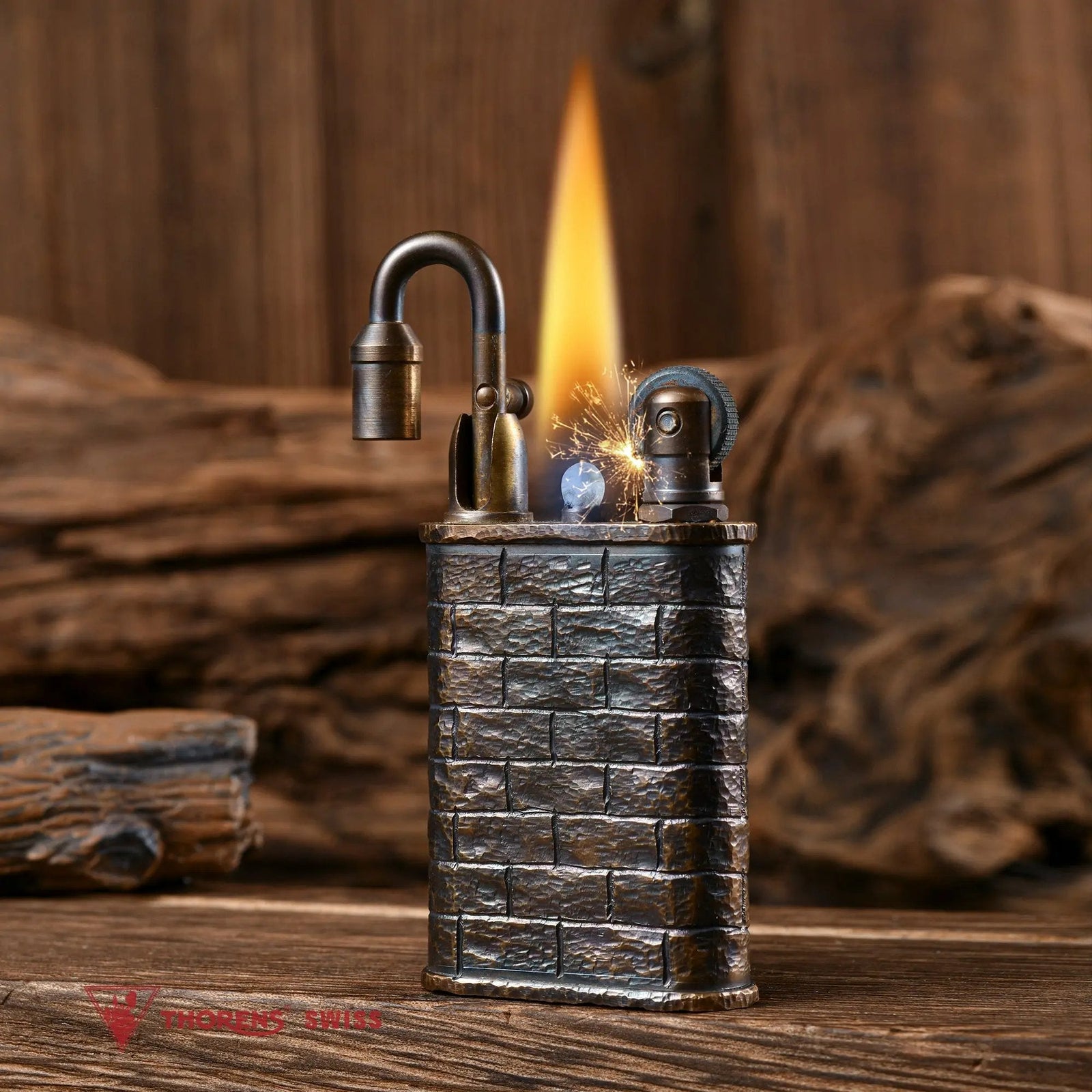 A Thorens Lockflame lighter with a hand-carved brick wall texture, captured at the moment of ignition with a bright flame and mechanical sparks.