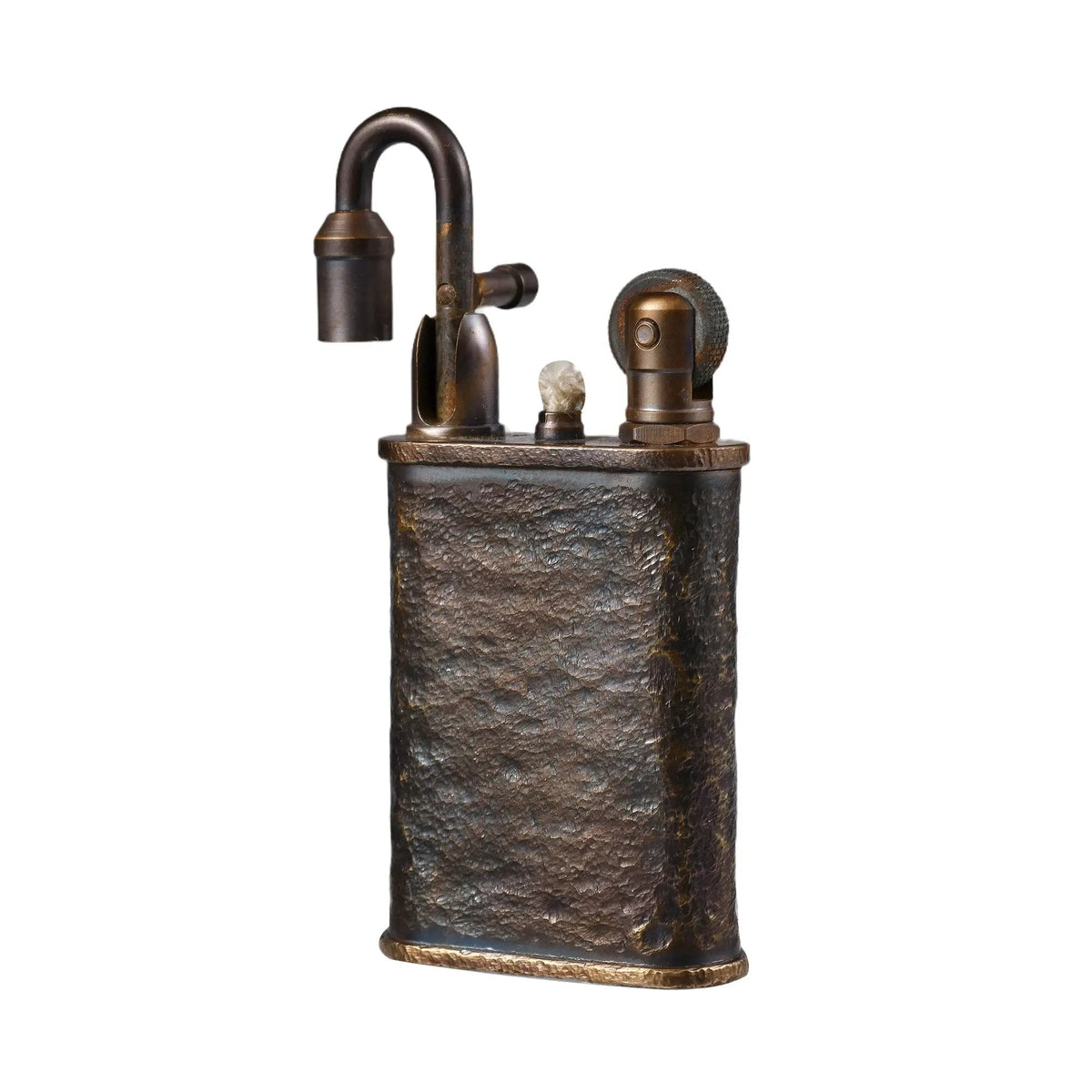 A Thorens Lockflame brass lighter with a hand-carved meteorite crater texture. The mechanical arm is lifted to reveal the wick and flint wheel against a clean white background.