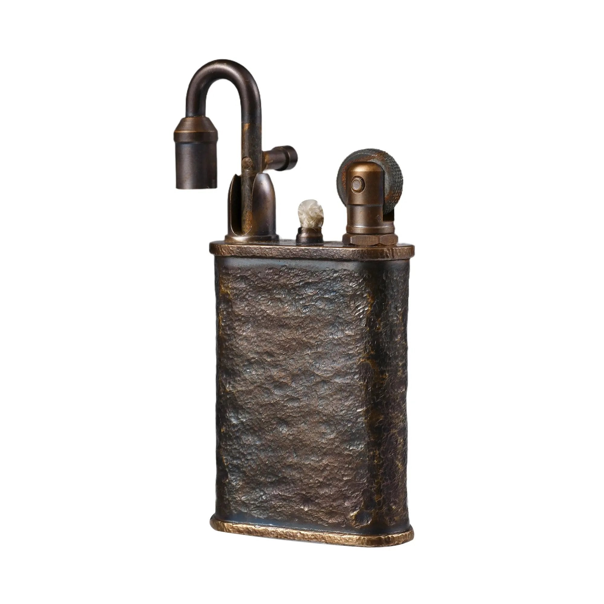 A Thorens Lockflame brass lighter with a hand-carved meteorite crater texture. The mechanical arm is lifted to reveal the wick and flint wheel against a clean white background.