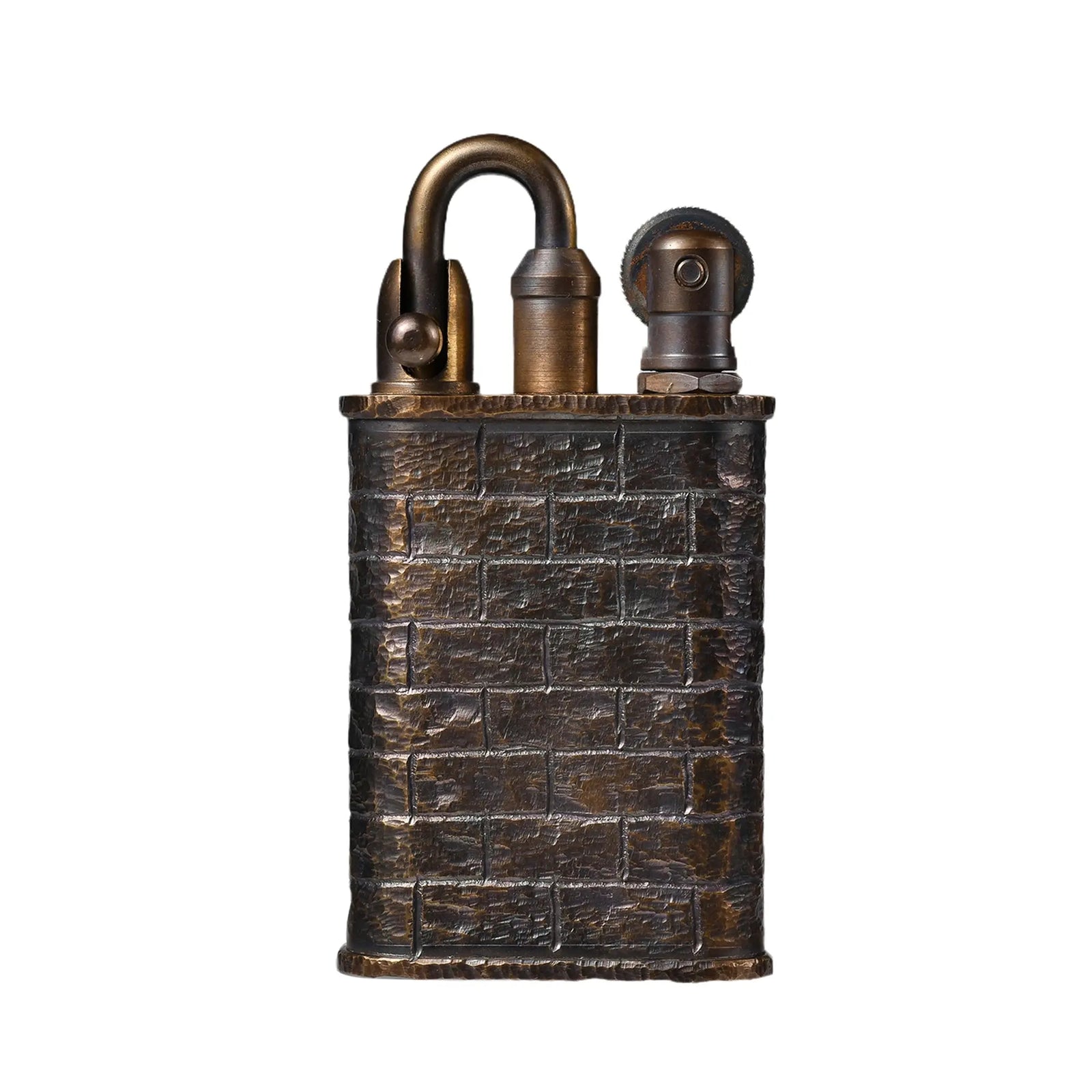 A Thorens Lockflame lighter featuring a hand-carved brick wall pattern on an antique brass body with a mechanical U-shaped locking arm.