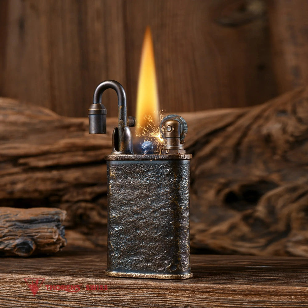A hand-carved meteorite crater brass lighter ignited with a steady flame and sparks, showcasing the mechanical precision of the Thorens Lockflame.