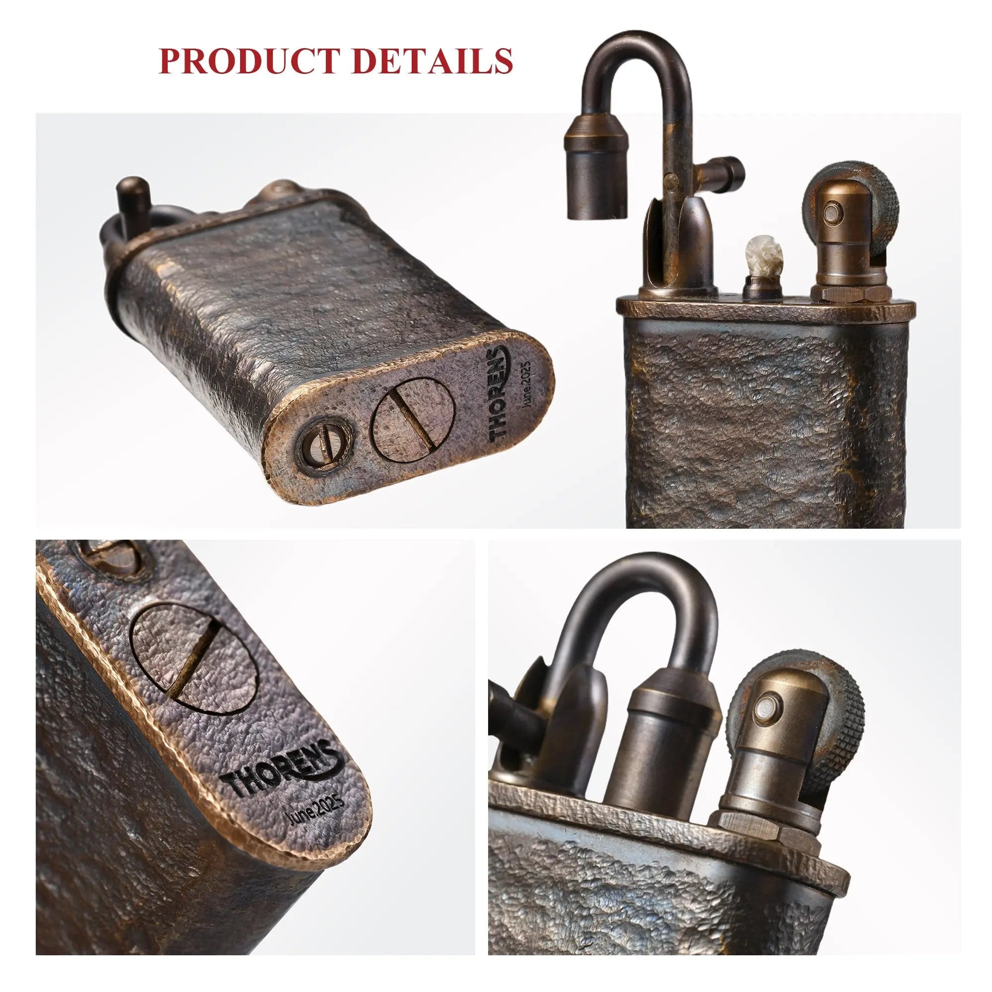 Detailed views of the Thorens Lockflame lighter, showcasing the Thorens logo engraving, fuel screws, and the hand-carved meteorite crater brass texture.