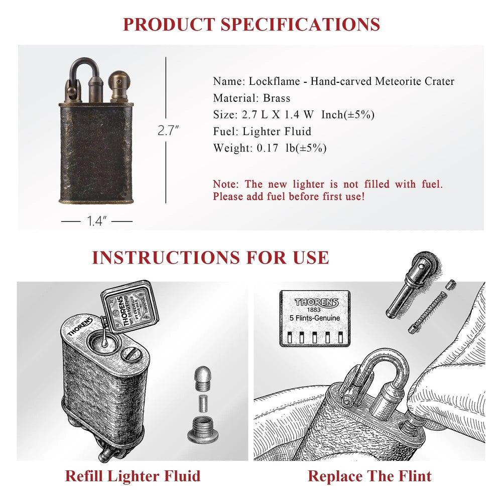 Technical specifications and usage instructions for the Thorens Lockflame lighter, including dimensions, brass material details, and diagrams for refilling lighter fluid and replacing the flint.