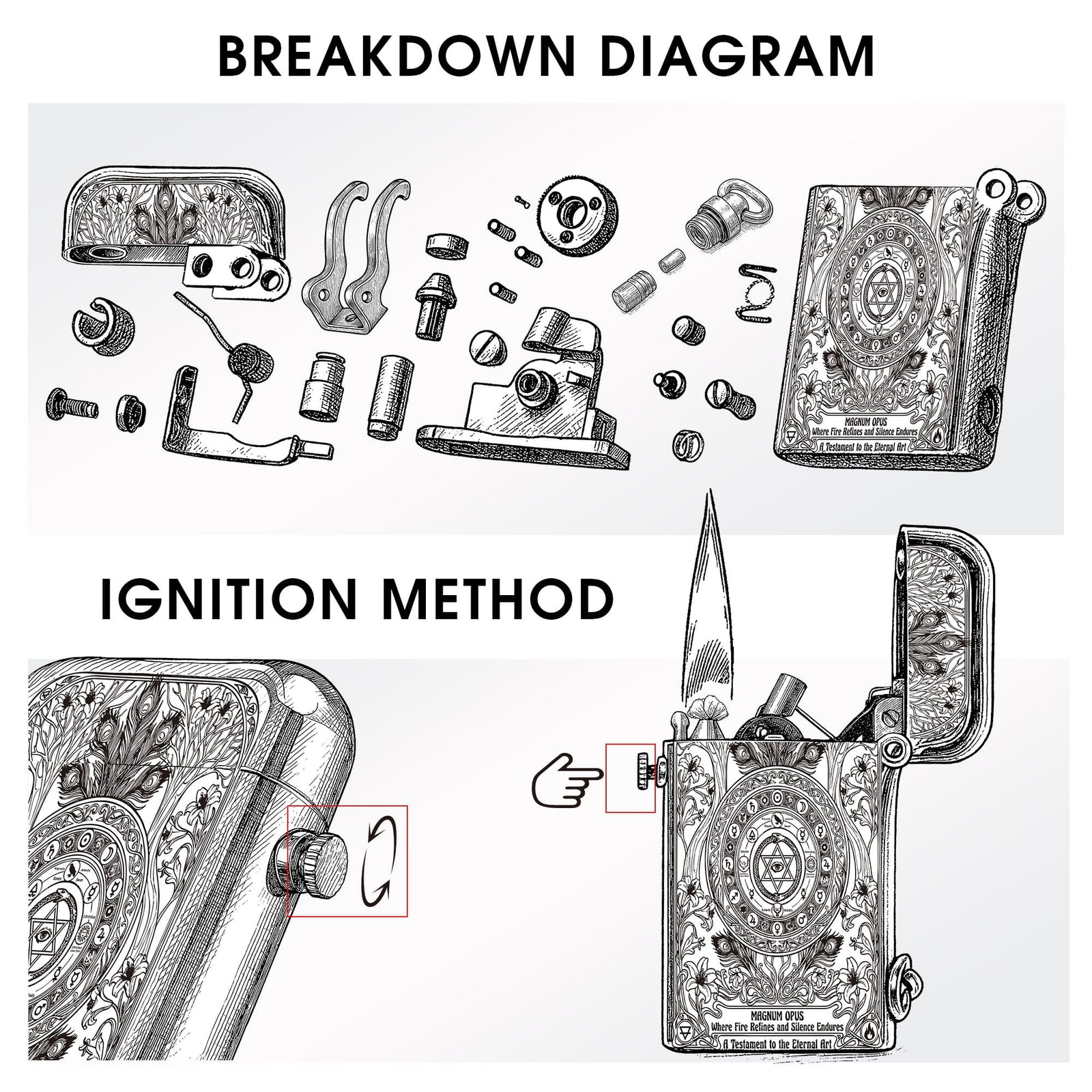 Technical breakdown diagram of Thorens Magnum Opus lighter showing internal components and ignition method, illustrating mechanical structure and flint wheel operation.