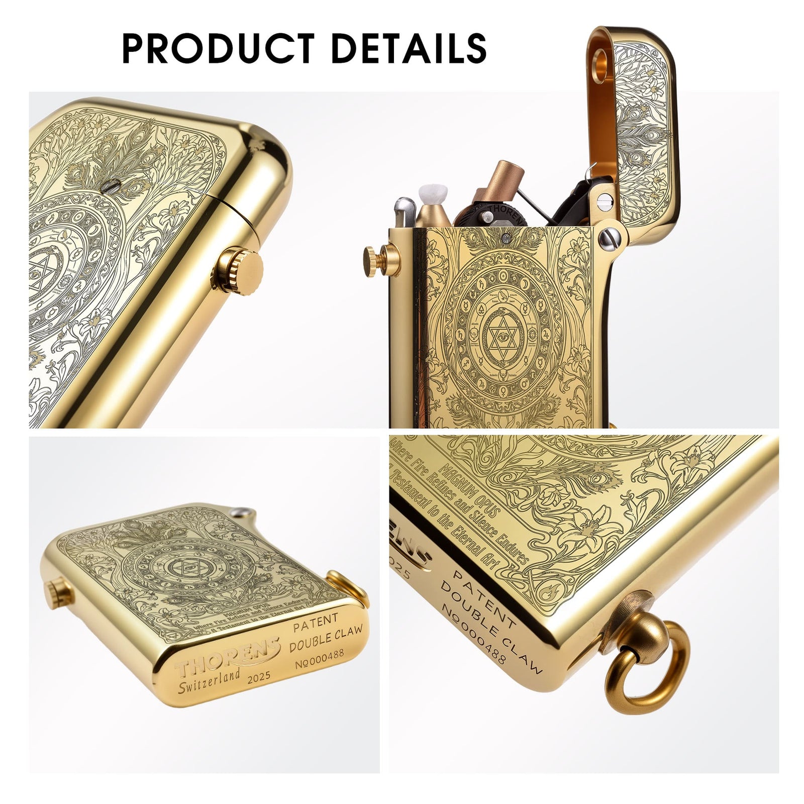 Thorens Magnum Opus lighter in engraved brass finish shown in multiple detail views, highlighting ignition mechanism, engraved surface, base markings, and side ring attachment.