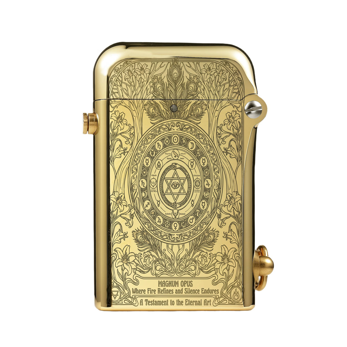 Thorens Magnum Opus lighter in polished brass shown closed, featuring intricate symmetrical engraving with central emblem and refined curved edges.