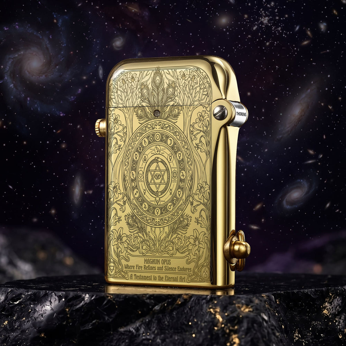 Thorens Magnum Opus lighter in engraved brass finish shown closed, highlighting detailed symmetrical engraving and polished edges against a dark cosmic background.