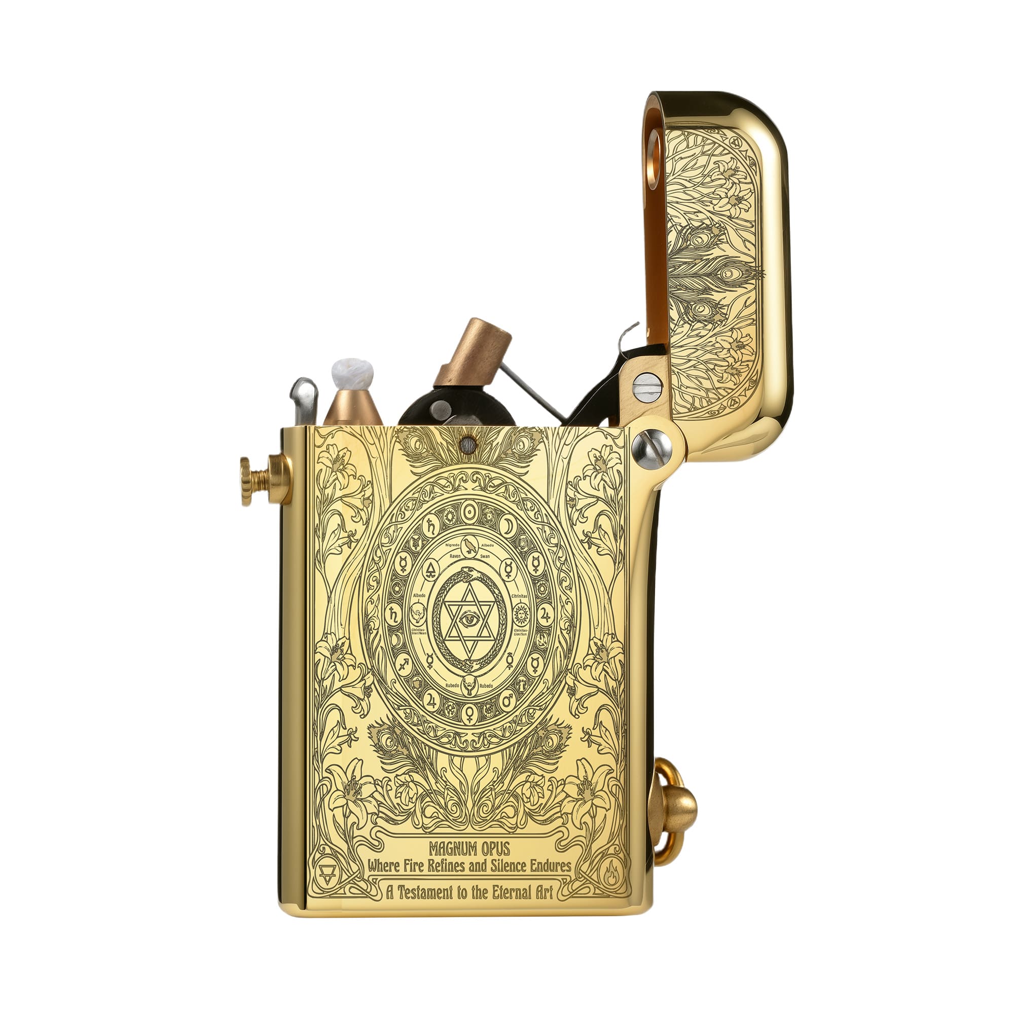 Thorens Magnum Opus lighter in engraved brass finish shown open, revealing flint wheel, wick, and internal ignition structure with detailed etched surface.