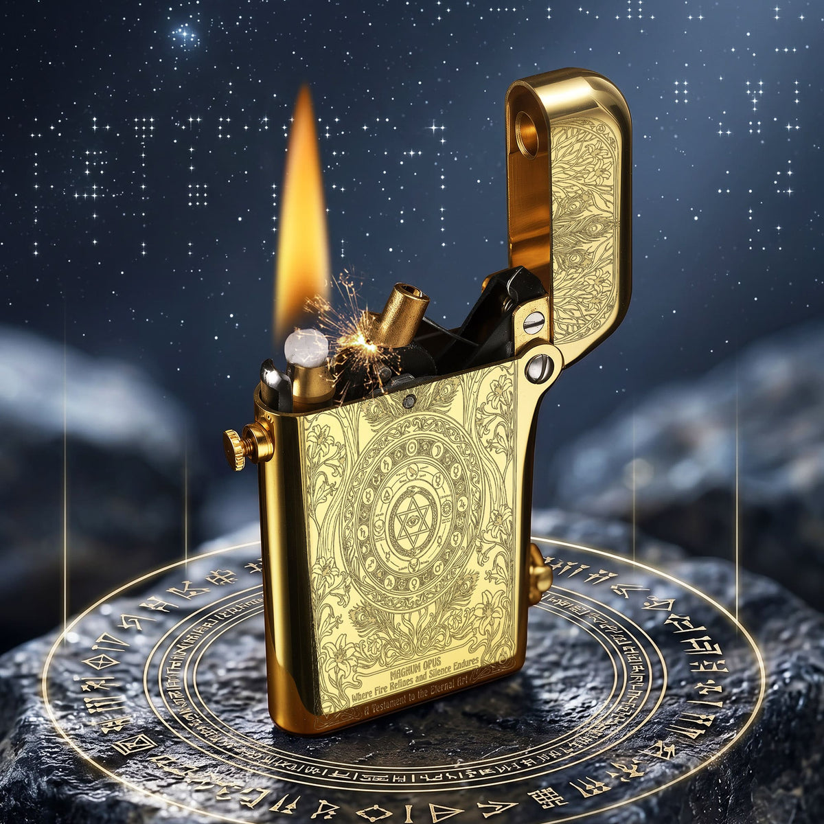 Thorens Magnum Opus lighter in engraved brass finish igniting with visible spark and flame, lid open to reveal detailed etched surface and mechanical structure.