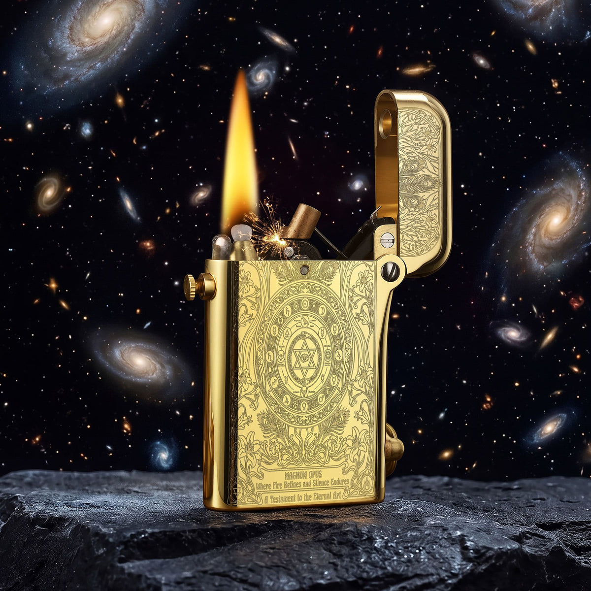Thorens Magnum Opus lighter in engraved brass finish igniting with flame and spark, lid open to reveal detailed etched surface and internal ignition mechanism.