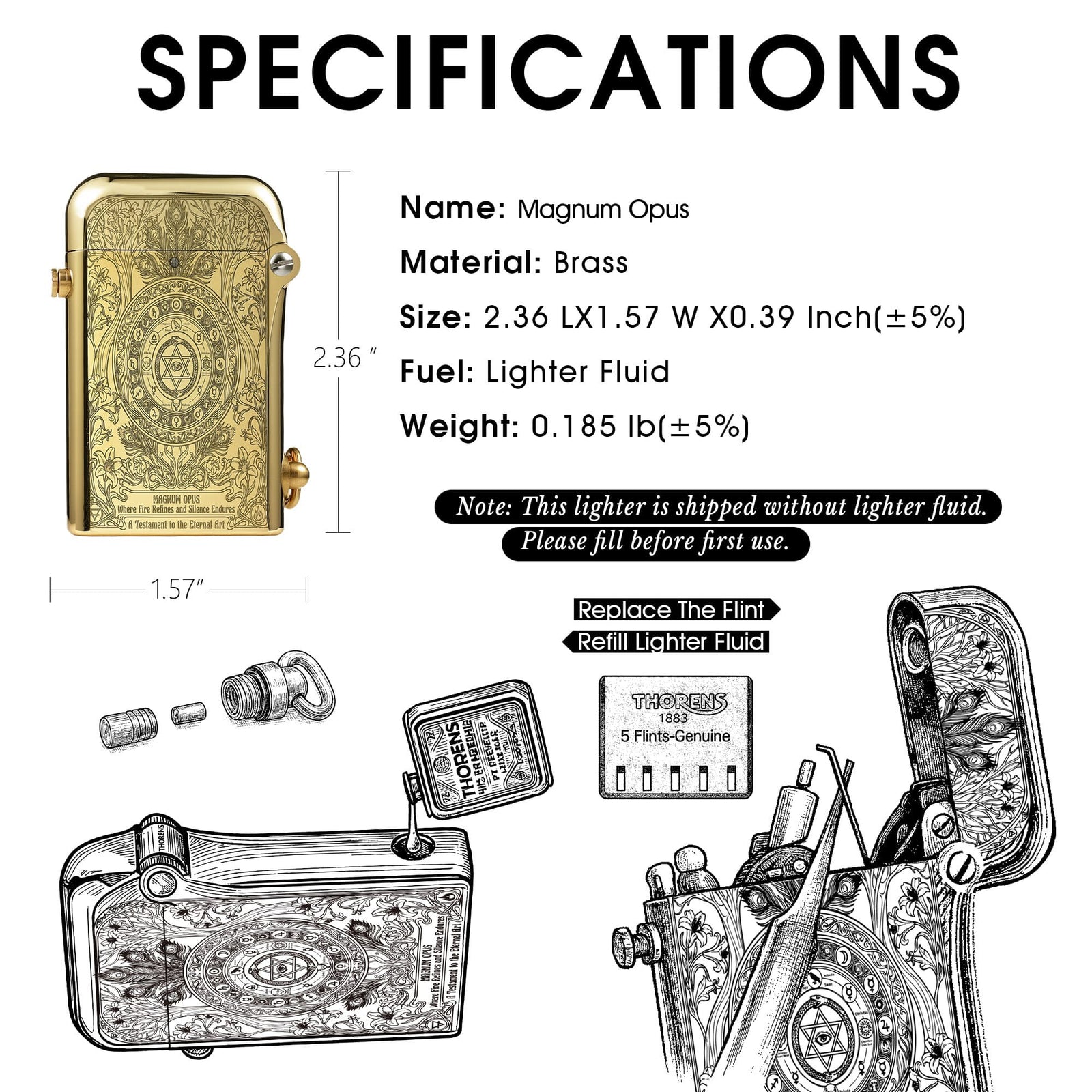 Thorens Magnum Opus lighter specification layout showing dimensions, weight, material, fuel type, and illustrated maintenance steps for flint replacement and refilling.