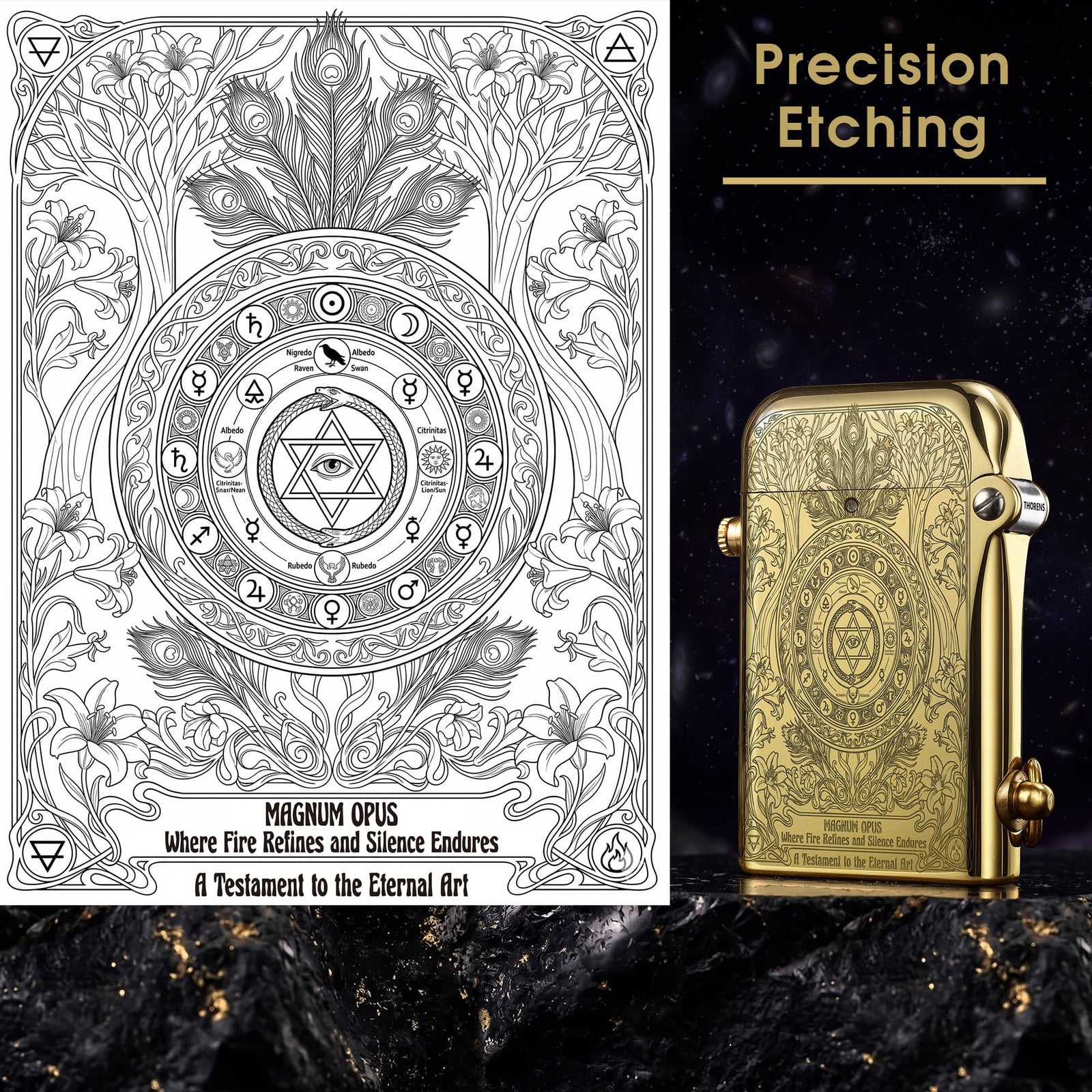 Thorens Magnum Opus lighter in gold finish alongside detailed engraving artwork, highlighting intricate etched patterns and symbolic design elements.