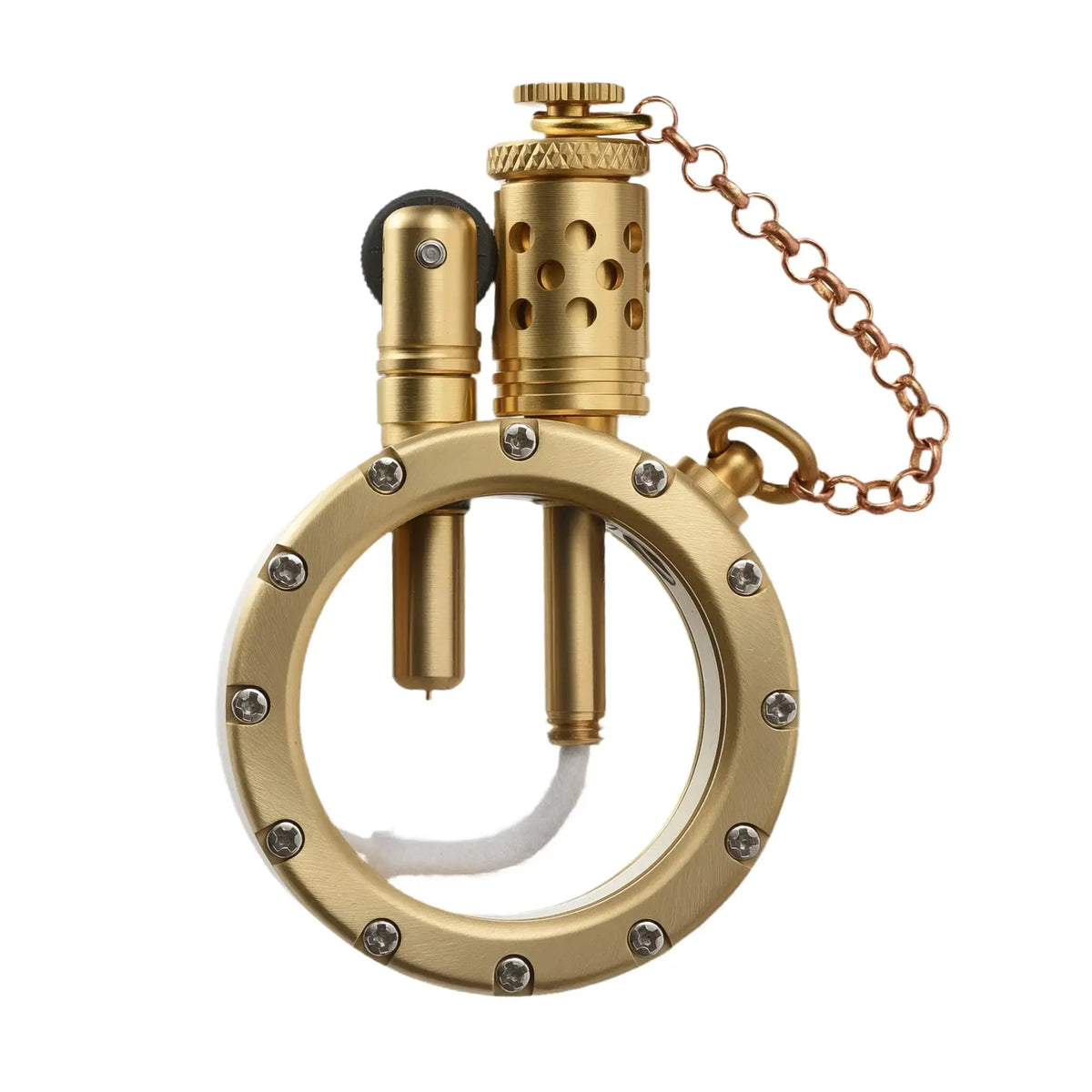 A detailed view of a brushed gold Thorens lighter with a clear glass body, revealing the wick and interior tubes, with a top chain against a plain background.