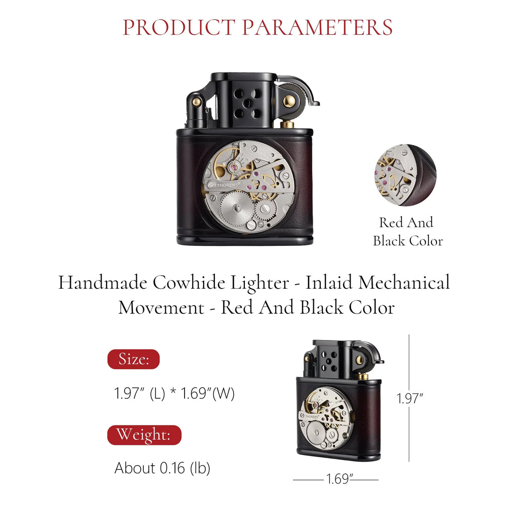 A technical specifications view shows a Thorens handmade cowhide leather lighter with an exposed, inlaid mechanical watch movement and its key measurements and weight listed for red and black color.