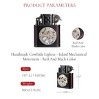 A technical specifications view shows a Thorens handmade cowhide leather lighter with an exposed, inlaid mechanical watch movement and its key measurements and weight listed for red and black color.