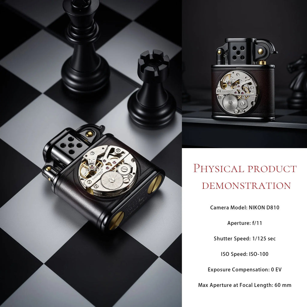 A side-by-side product demonstration of the Thorens mechanical movement lighter on a chessboard. One view shows the lighter lying flat, revealing the brass base caps, while the other shows it standing upright, highlighting the intricate inlaid watch gears and leather wrap.