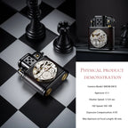 A side-by-side product demonstration of the Thorens mechanical movement lighter on a chessboard. One view shows the lighter lying flat, revealing the brass base caps, while the other shows it standing upright, highlighting the intricate inlaid watch gears and leather wrap.