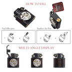 An instructional infographic showing how to fill fuel and replace the flint for the Thorens leather-wrapped mechanical movement lighter, alongside a multi-angle display of the open, closed, and stitched-back views.