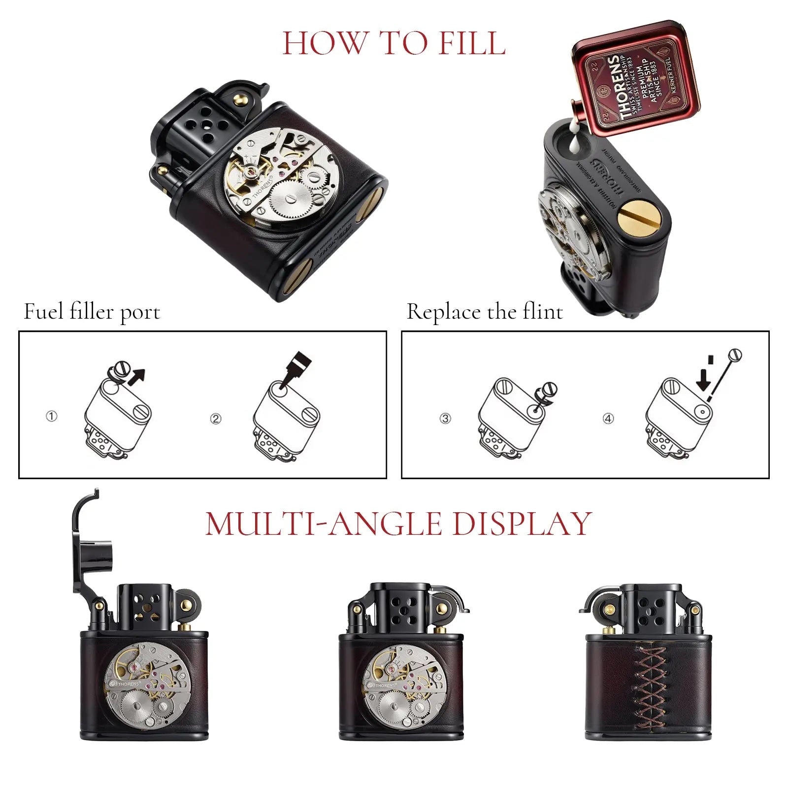 An instructional infographic showing how to fill fuel and replace the flint for the Thorens leather-wrapped mechanical movement lighter, alongside a multi-angle display of the open, closed, and stitched-back views.