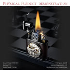 A high-speed action shot of the ignited Thorens mechanical movement lighter on a chessboard. The image captures the sparks from the flint and a steady flame, highlighting the inlaid watch gears and leather-wrapped body.