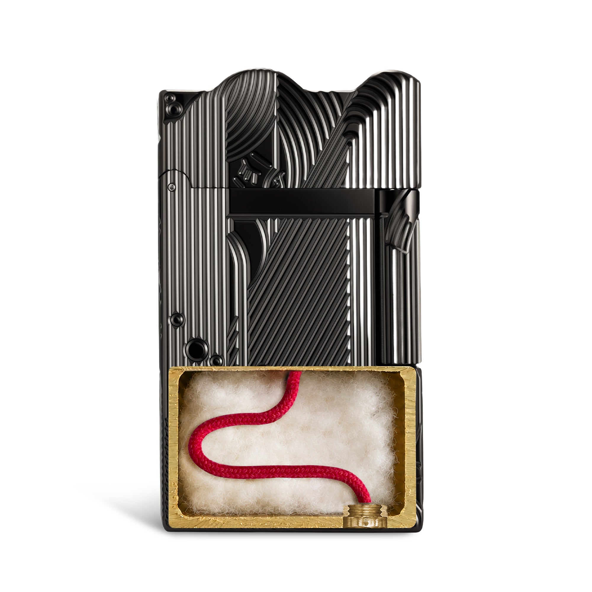 A front-facing view of the black Thorens Mermaid lighter, showcasing the deep-etched Art Deco mermaid motif and unique scalloped top against a dark, moody background.