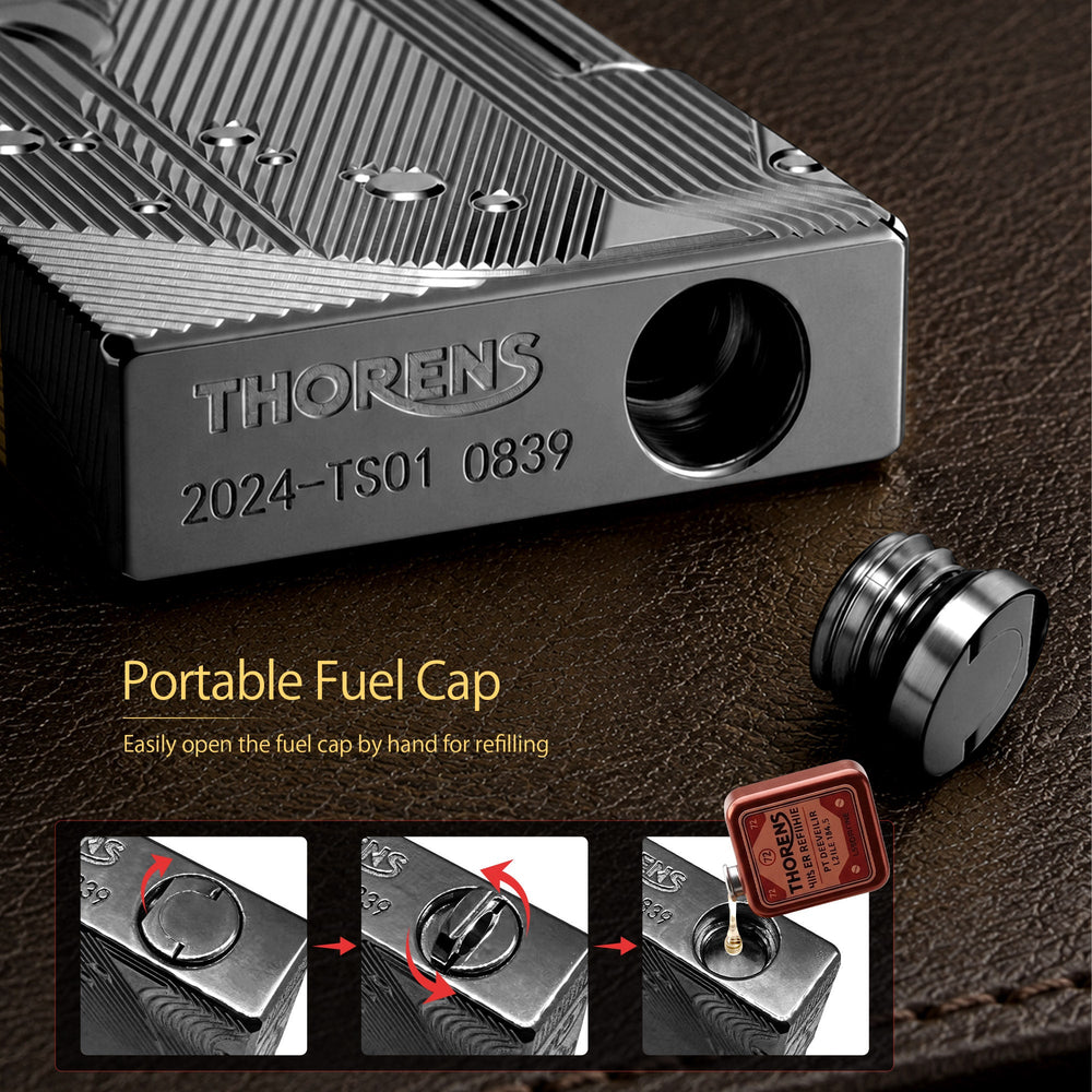 A premium black Thorens Mermaid lighter presented in its signature red gift box, accompanied by a 5-pack of genuine flints, replacement wicks, and a user manual.