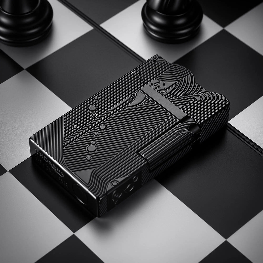 A high-angle shot of the black Thorens Mermaid lighter resting on a chessboard, showcasing the depth of its Art Deco engravings, the unique curved lid, and the precision-machined bottom fuel port.