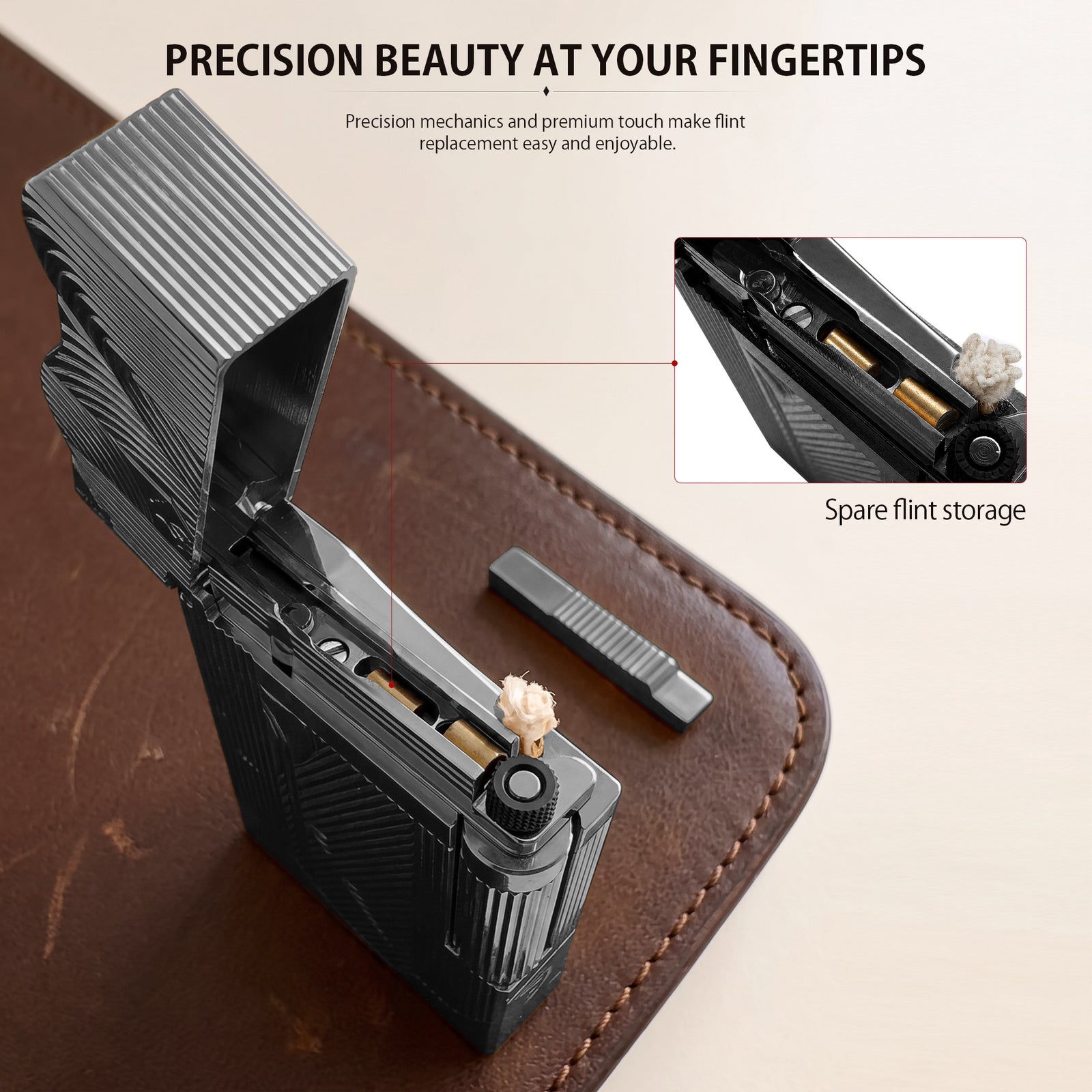 A high-angle shot of the black Thorens Mermaid lighter resting on a chessboard, showcasing the depth of its Art Deco engravings, the unique curved lid, and the precision-machined bottom fuel port.