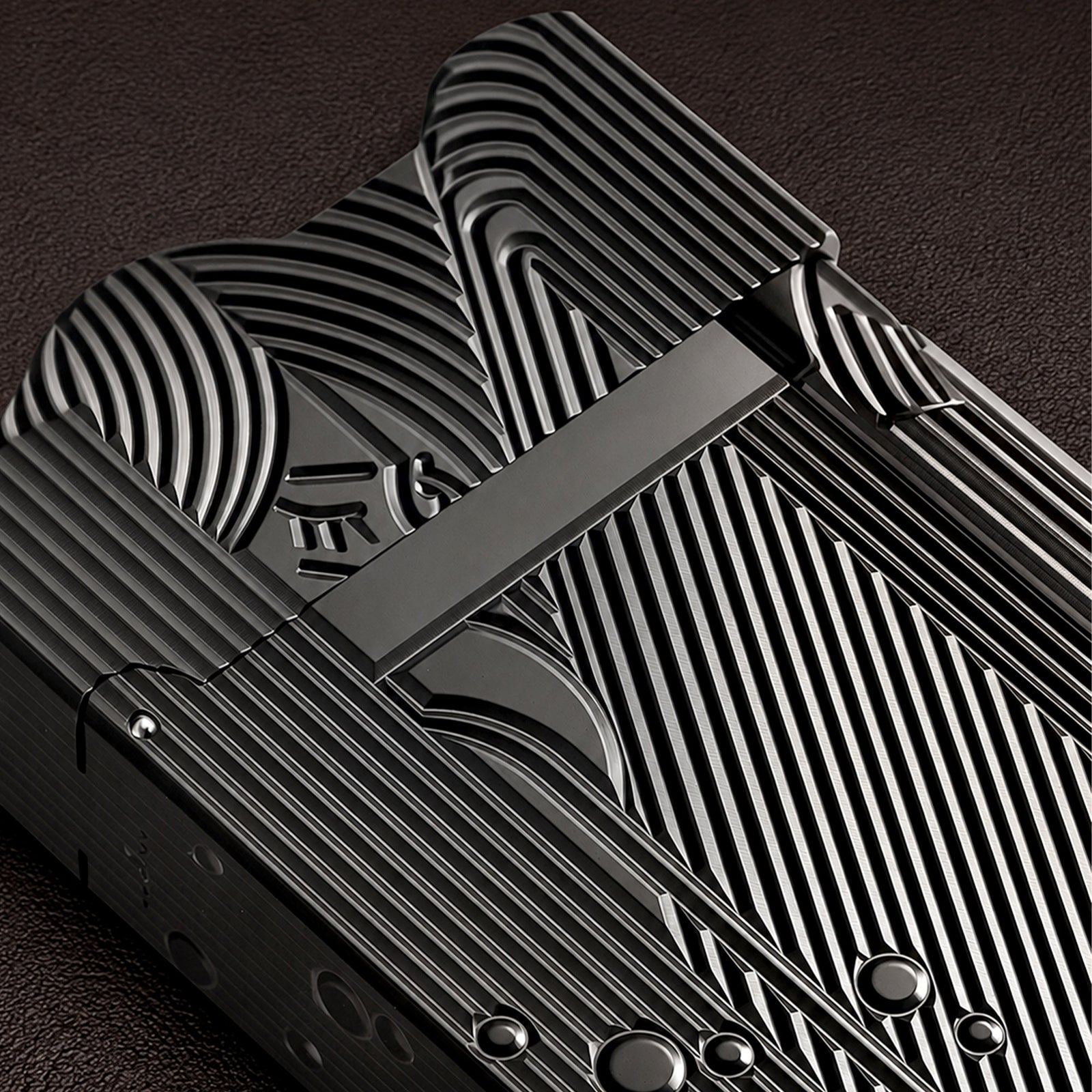 An ignited black Thorens Mermaid lighter showcasing a vibrant flame and active sparks. The deep black finish and Art Deco engravings are highlighted against a dark chessboard background.