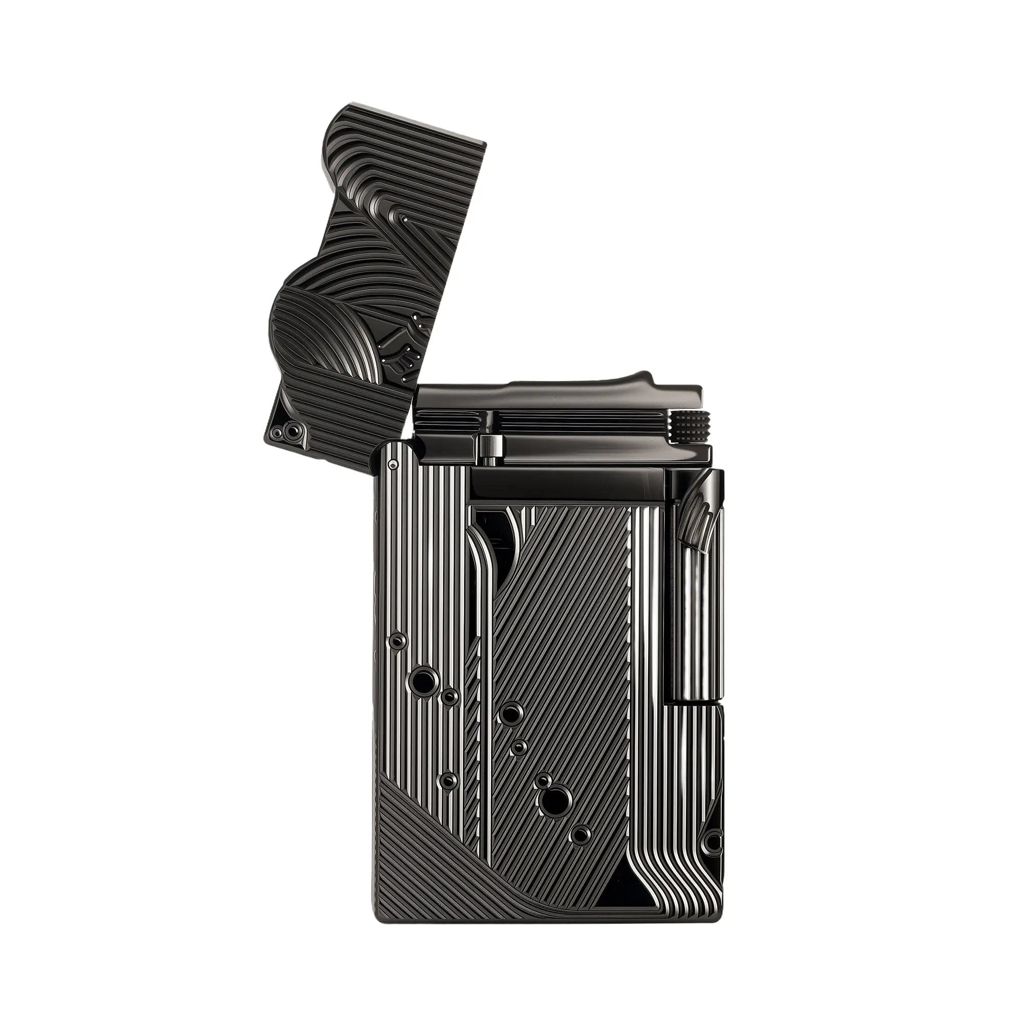 An open black Thorens Mermaid lighter against a stark white background, emphasizing the mechanical ignition deck and the continuity of the Art Deco engravings inside the unique scalloped lid.