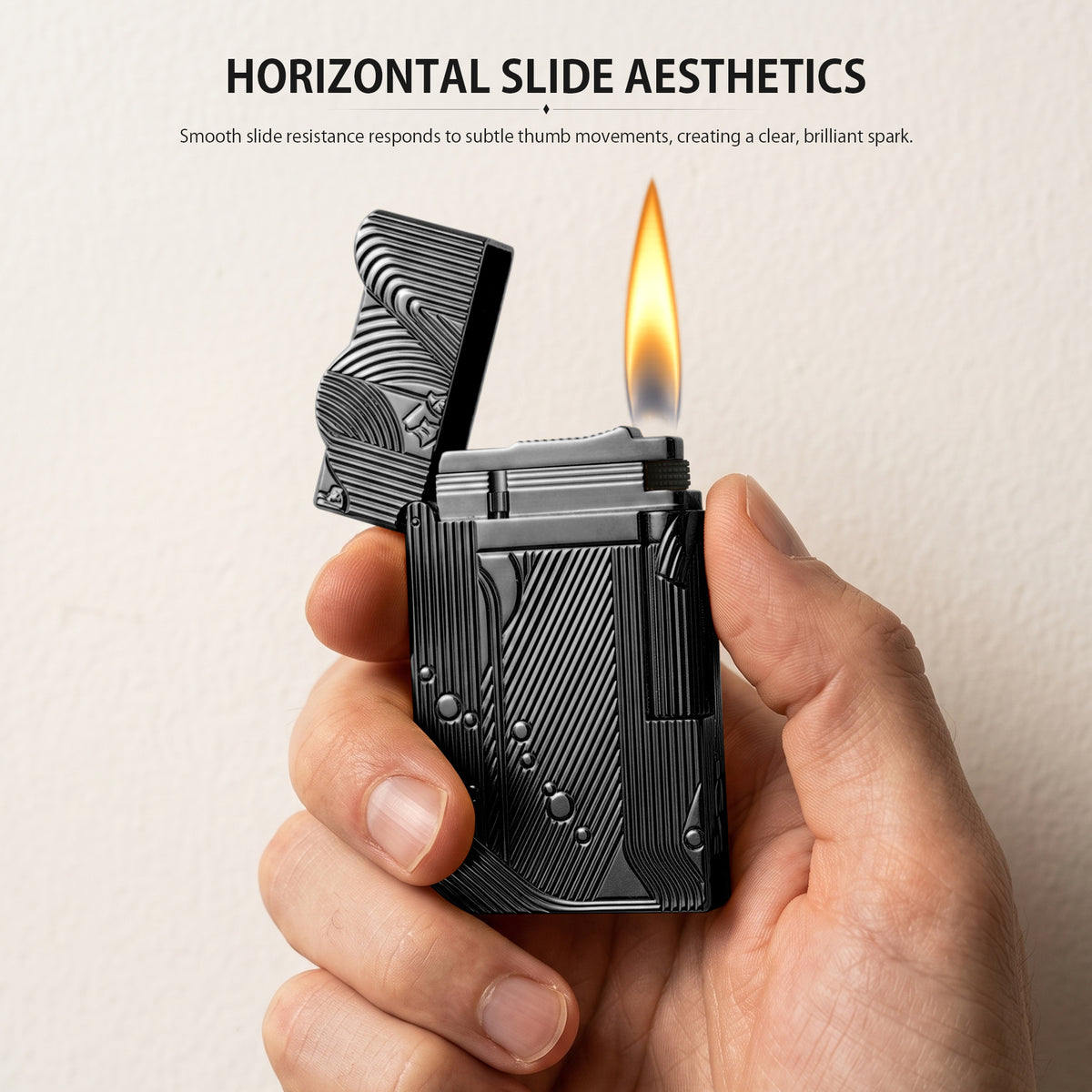 An open black Thorens Mermaid lighter against a stark white background, emphasizing the mechanical ignition deck and the continuity of the Art Deco engravings inside the unique scalloped lid.