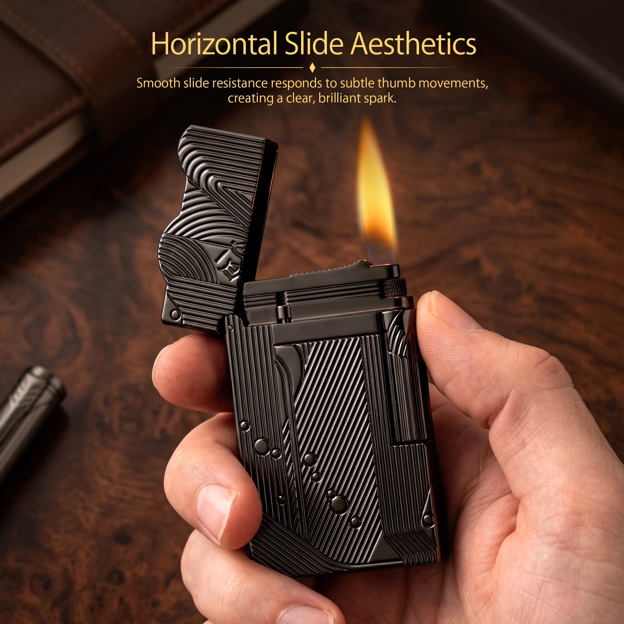 An open black Thorens Mermaid lighter against a stark white background, emphasizing the mechanical ignition deck and the continuity of the Art Deco engravings inside the unique scalloped lid.