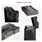 A detailed collage of the black Thorens Mermaid lighter, showcasing the high-contrast Art Deco engravings, the side-slip ignition roller, the bottom fuel port with serial branding, and the internal wick assembly.