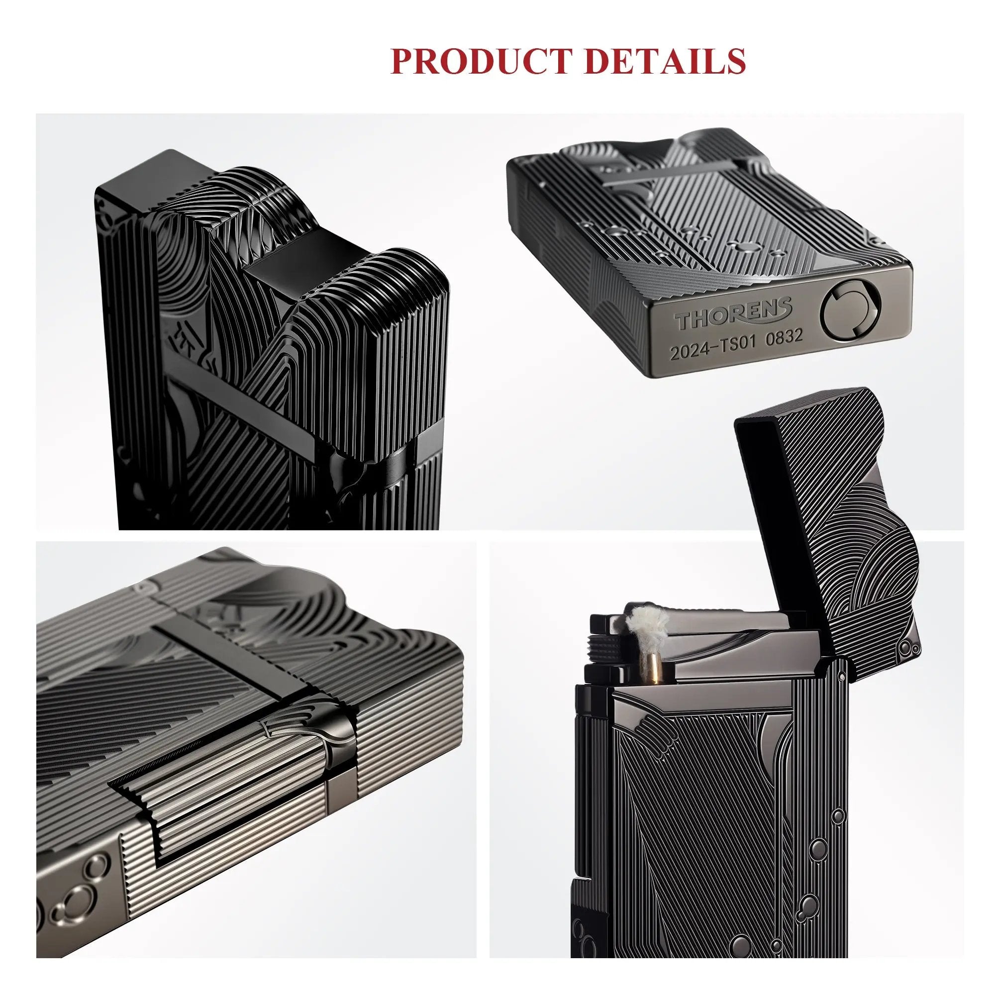 A detailed collage of the black Thorens Mermaid lighter, showcasing the high-contrast Art Deco engravings, the side-slip ignition roller, the bottom fuel port with serial branding, and the internal wick assembly.