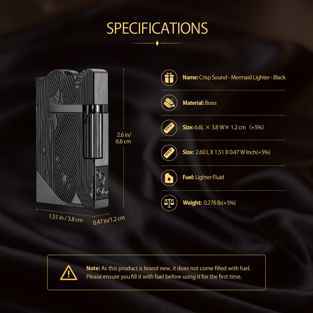 A detailed collage of the black Thorens Mermaid lighter, showcasing the high-contrast Art Deco engravings, the side-slip ignition roller, the bottom fuel port with serial branding, and the internal wick assembly.