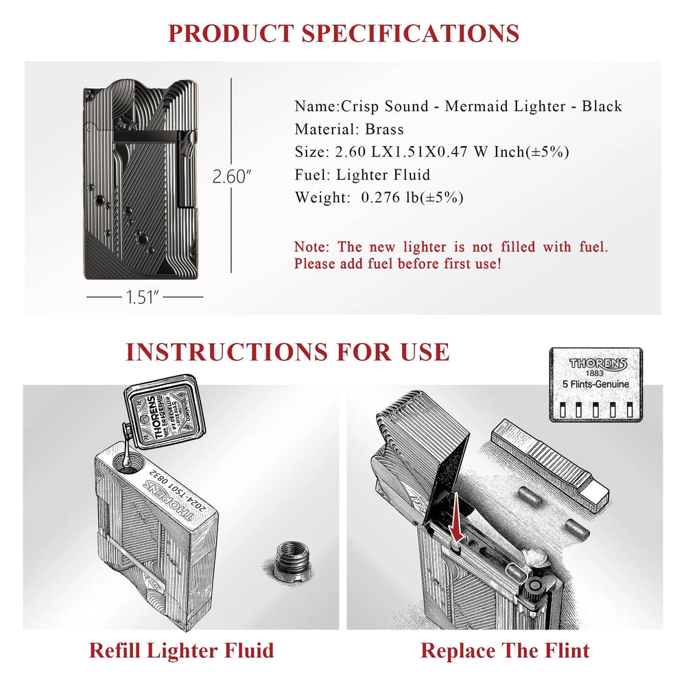 A technical datasheet for the black Thorens Mermaid lighter, detailing its brass construction, weight, and dimensions, alongside illustrated instructions for refilling lighter fluid and replacing the flint.