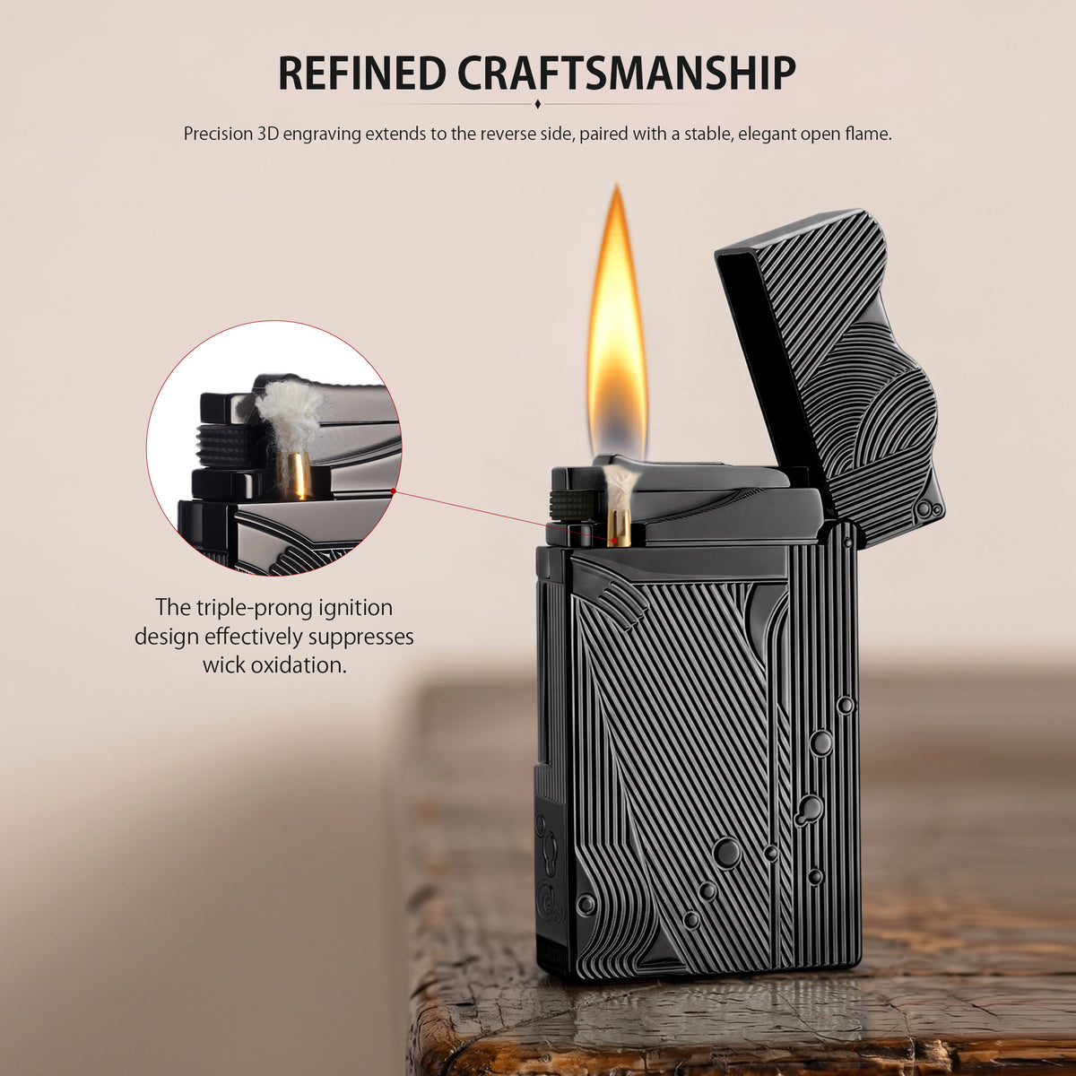 A technical datasheet for the black Thorens Mermaid lighter, detailing its brass construction, weight, and dimensions, alongside illustrated instructions for refilling lighter fluid and replacing the flint.
