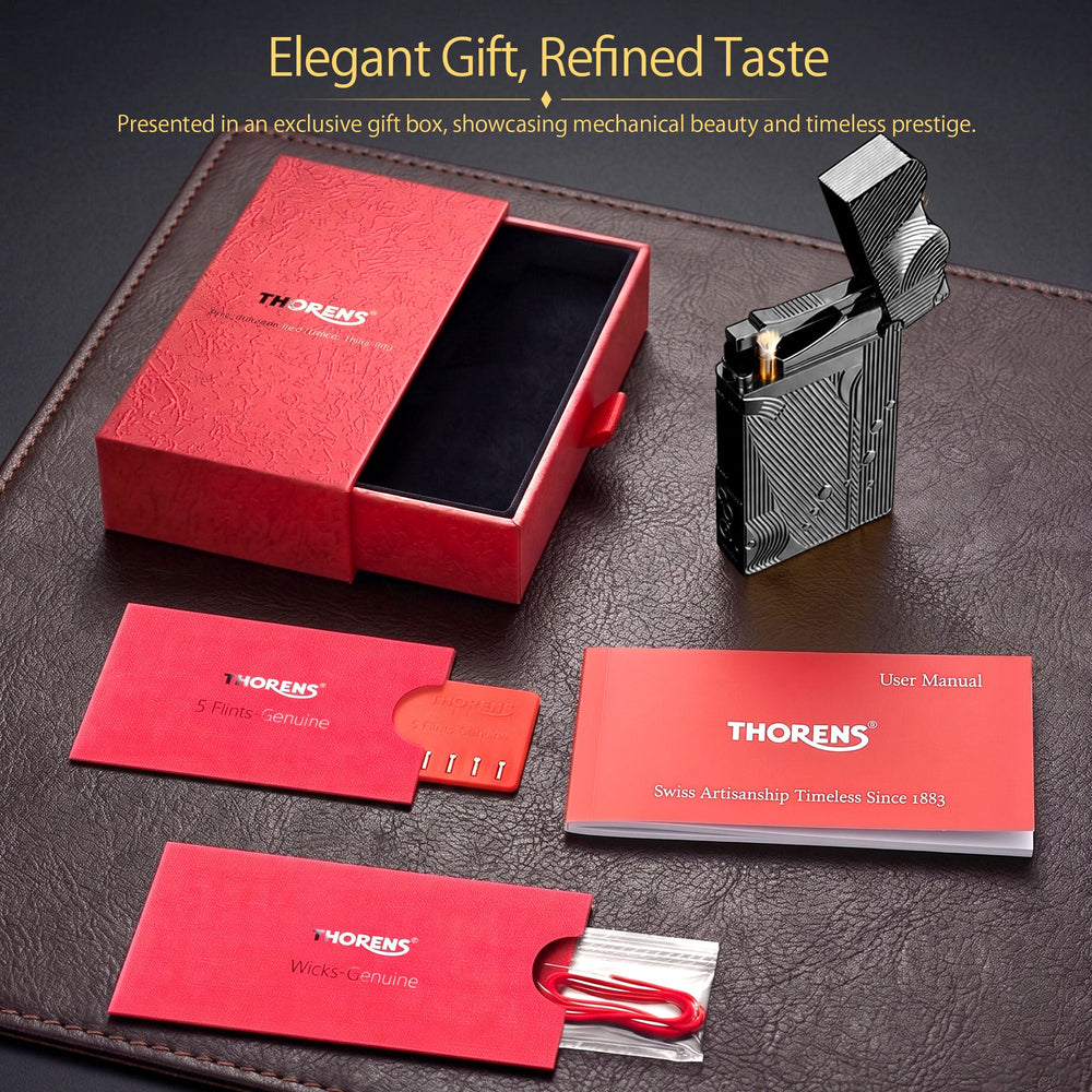 A technical illustration showing the exploded view of the black Thorens Mermaid lighter's internal components alongside a visual guide for the side-roller ignition method.