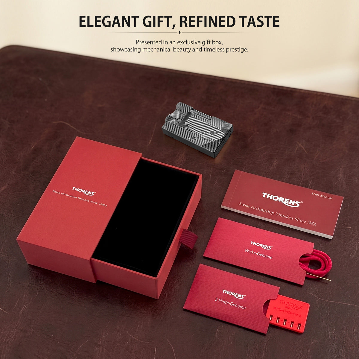 A technical illustration showing the exploded view of the black Thorens Mermaid lighter's internal components alongside a visual guide for the side-roller ignition method.