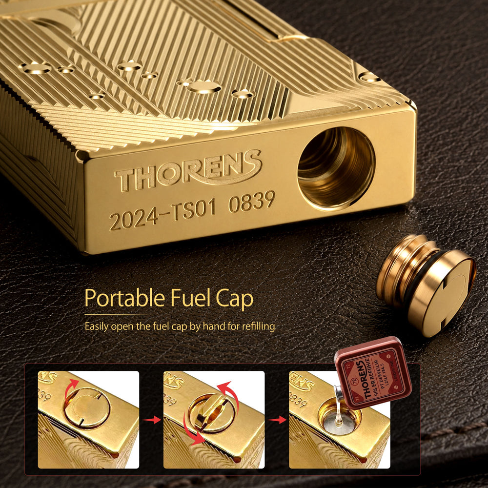 A gold Thorens Mermaid lighter presented in a premium red gift box, shown with a pack of 5 genuine flints, replacement wicks, and an official user manual.