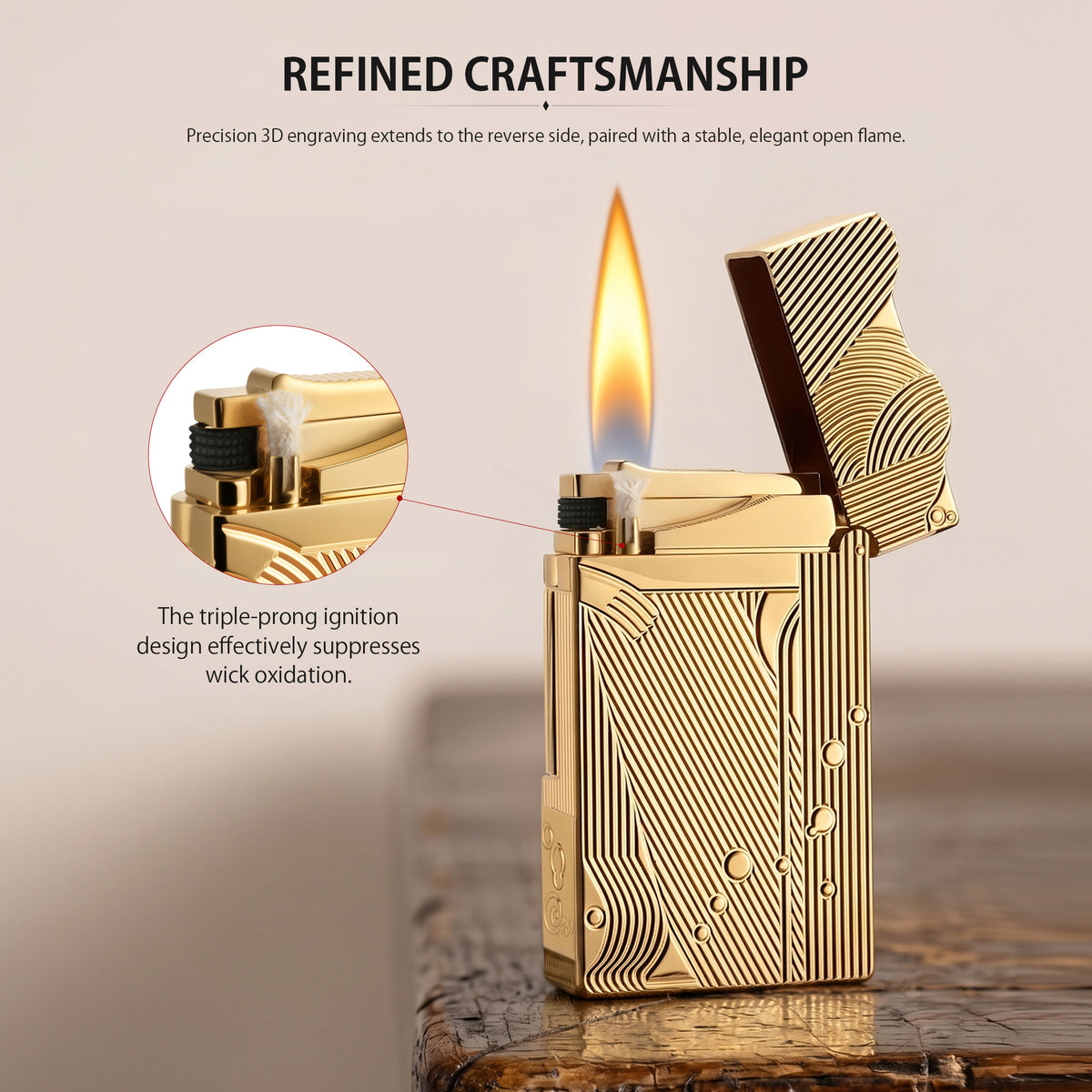 A gold Thorens Mermaid lighter presented in a premium red gift box, shown with a pack of 5 genuine flints, replacement wicks, and an official user manual.