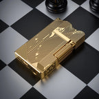 A high-angle shot of the gold Thorens Mermaid lighter resting on a chessboard, highlighting the intricate linear engravings, curved silhouette, and bottom fuel port.