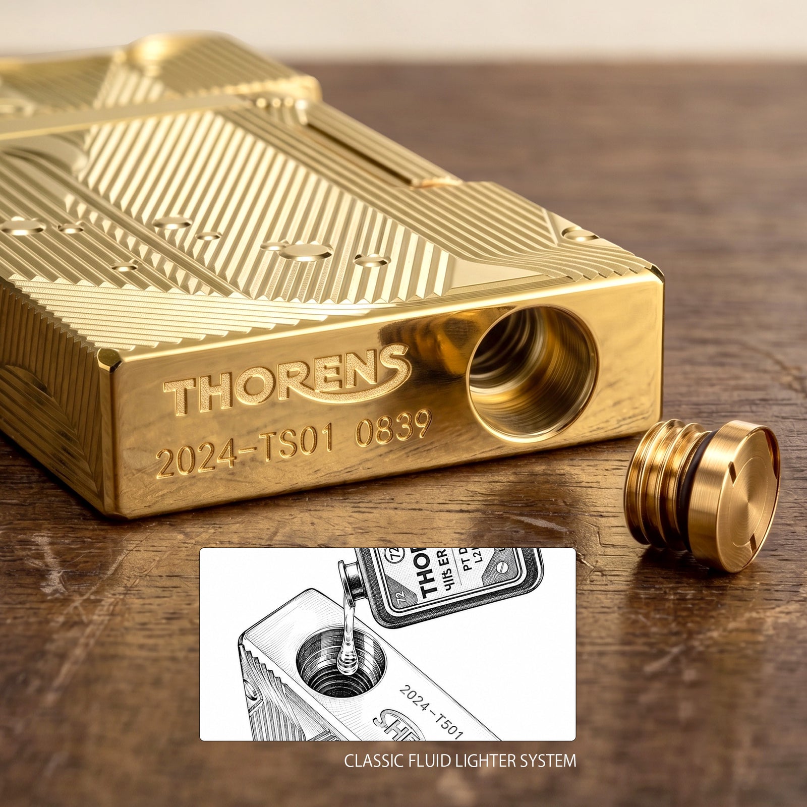 A high-angle shot of the gold Thorens Mermaid lighter resting on a chessboard, highlighting the intricate linear engravings, curved silhouette, and bottom fuel port.
