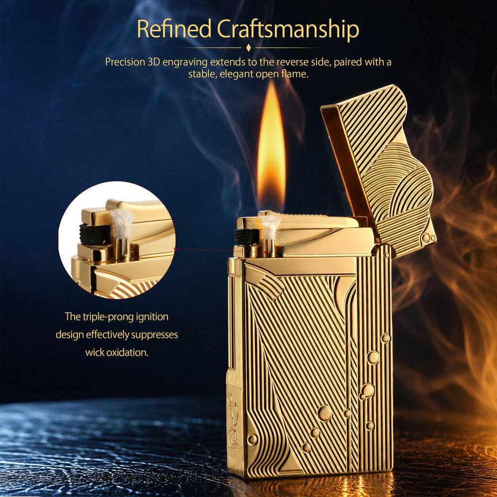 An ignited gold Thorens Mermaid lighter showing a steady flame and active flint sparks, highlighting the intricate Art Deco engravings and scalloped lid design on a chessboard.