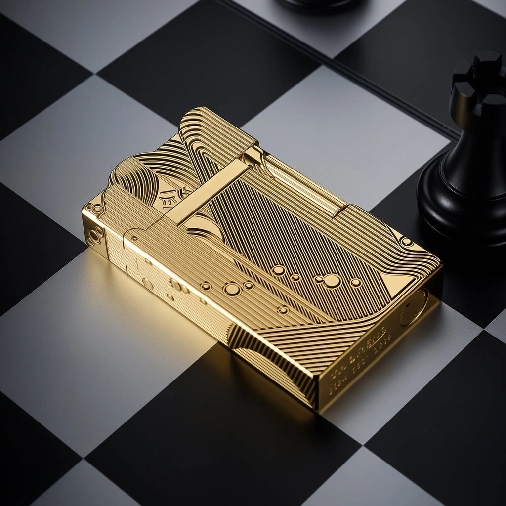 A stunning gold Thorens Mermaid lighter lying on a black and white chessboard, showcasing the intricate linework on its side panels and the unique scalloped top edge.