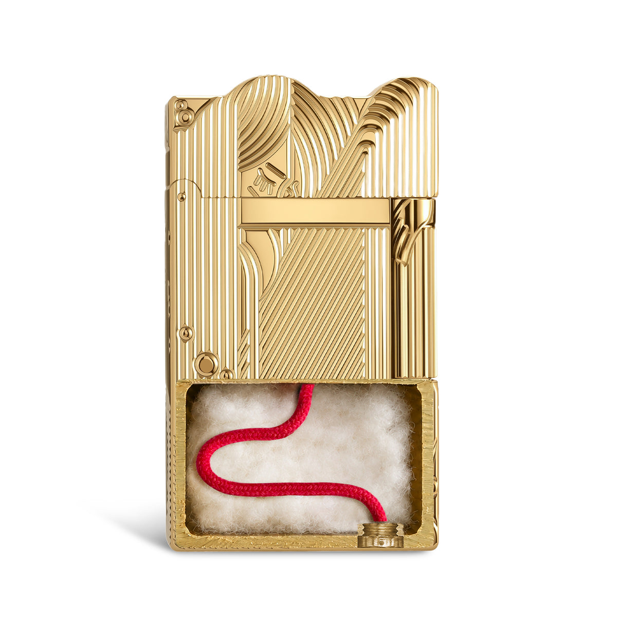 An open gold Thorens Mermaid lighter against a white background, highlighting the interior ignition deck and the continuity of the Art Deco engravings across the scalloped lid.