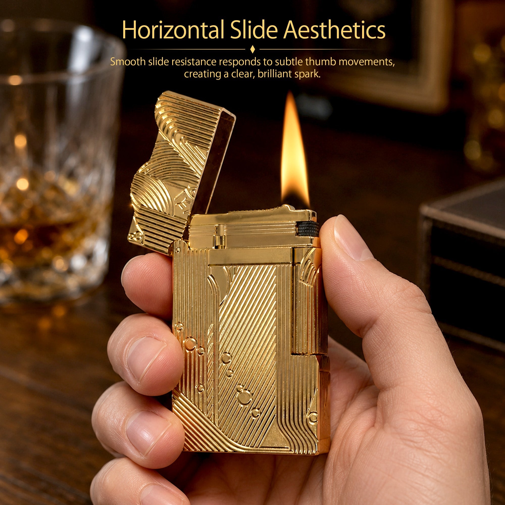 An open gold Thorens Mermaid lighter against a white background, highlighting the interior ignition deck and the continuity of the Art Deco engravings across the scalloped lid.