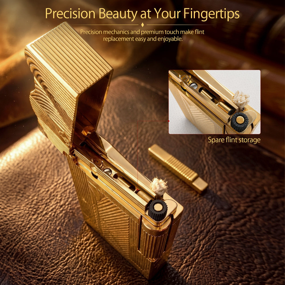 A detailed collage of the gold Thorens Mermaid lighter, showcasing the scalloped Art Deco lid, the knurled side-roller ignition, the bottom fuel port with serial engraving, and the internal wick and flint housing.