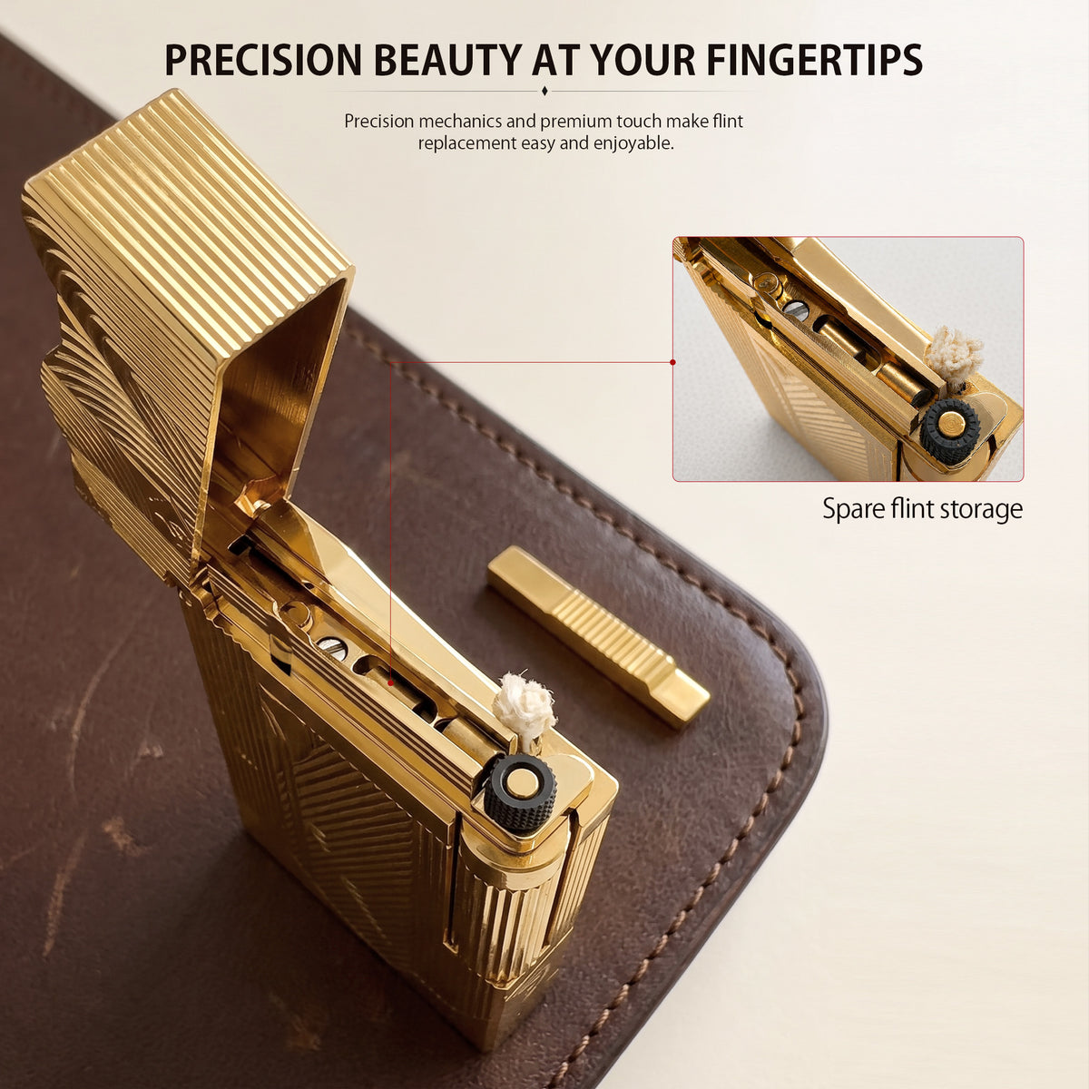 A detailed collage of the gold Thorens Mermaid lighter, showcasing the scalloped Art Deco lid, the knurled side-roller ignition, the bottom fuel port with serial engraving, and the internal wick and flint housing.